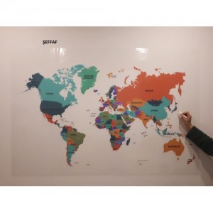 -STATİK KAĞIT- Dünya Haritası (Renkli) İngilizce Şeffaf 95x150cm